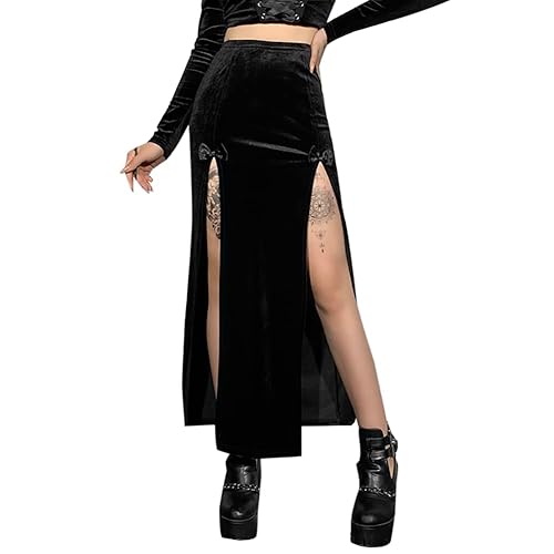 Women Steampunk Gothic Skirt Chain Belt High Slit Long Maxi Rave Punk Goth Alt Skirts Festival Clothing - Large - Black 03
