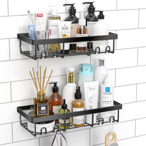 Moforoco Shower Caddy Shelf Organizer Rack, Self Adhesive Black Bathroom Shelves Basket, Home Farmhouse Wall Inside Organization and Storage Decor Rv Accessories, First Apartment Essentials - Black