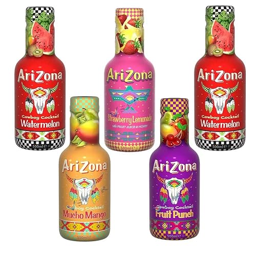 Arizona ice tea - green tea with honey,sweet tea, Green Tea, Pomegranate, Iced Tea with Lemon, Ice Tea With Peach, Blueberry White Tea, fruit punch, lemonade | 500 ml, Pack of 5