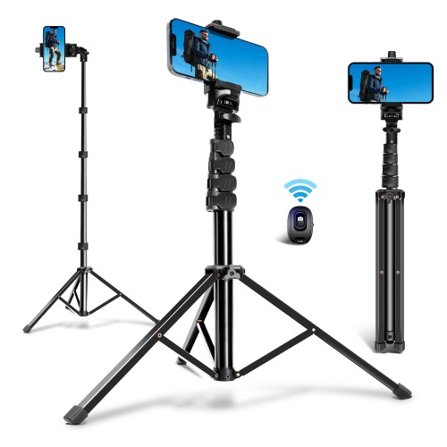 64 Inch Phone Tripod, Selfie Stick Tripod with Wireless Remote, Phone Tripod Stand Group Selfies/Live Streaming/Video Recording Compatible with All Cellphones - Black