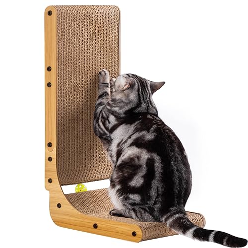 Poils bebe L Shape Cat Scratcher, 26.8 Inch Cat Scratchers for Indoor Cats, Protecting Furniture Cat Scratch Pad, Cardboard Cat Scratching with Ball Toy, Catnip, Large - 1 PCS L Shape Cat Scratcher