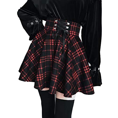 XIANGLIOOD Women's Plaid A-line High Waist Flare Pleated Short Mini Black Red Skirt Dress