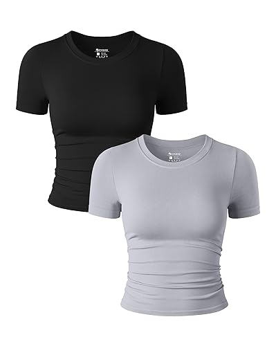 OQQ Womens 2 Piece Shirts Short Sleeve Crew Neck Ruched Stretch Fitted Tee Shirts Crop Tops - Black,grey - Medium