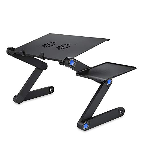 Themart Adjustable Vented Laptop Table Computer Desk Portable Bed Tray Book Stand Multifuctional & Ergonomics Design Dual Layer Tabletop with Cooling Fans (Black) - Black