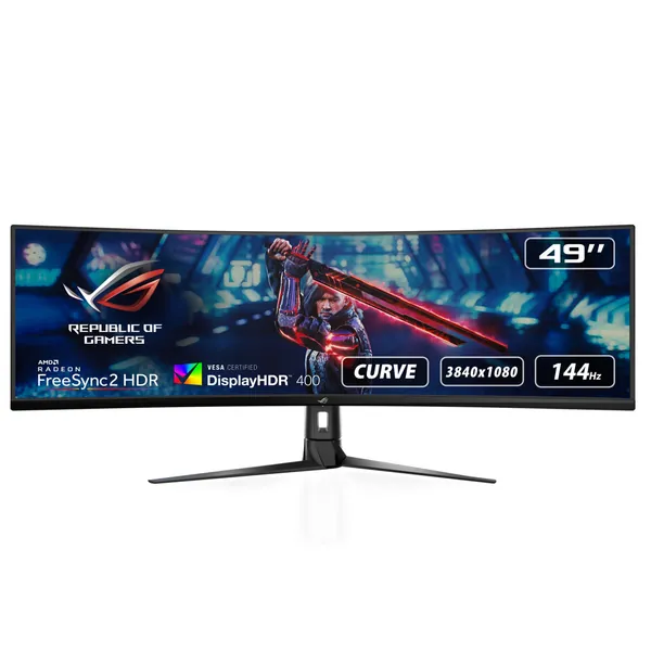 ASUS ROG STRIX Curved XG49VQ, 49 Inch DFHD (3840x1440) Gaming monitor, VA, up to 144Hz, 125% sRGB, DP, HDMI, USB3.0, FreeSync 2 HDR, DisplayHDR400, AuraSync