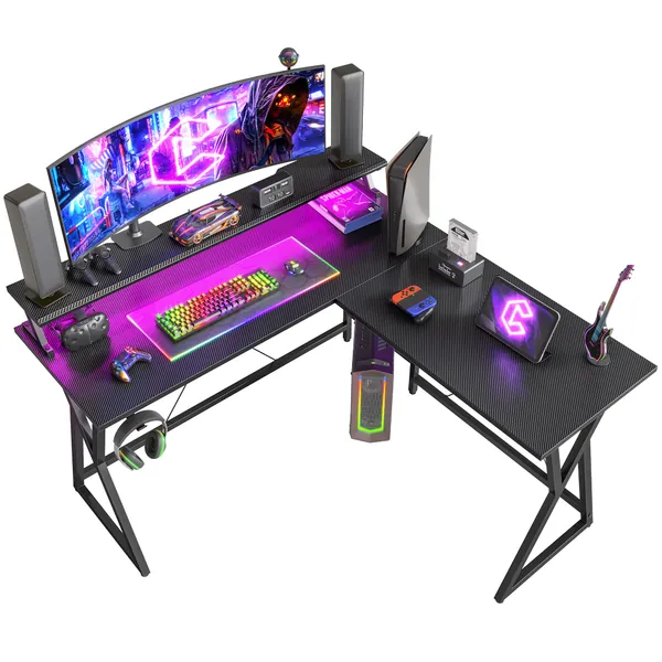 CubiCubi Stack Gaming Desk 130 x 130 cm with LED Strip & Double-Layer Desktop, L Shaped Computer Desk Carbon Fiber Surface Gaming PC Table with Monitor Stand