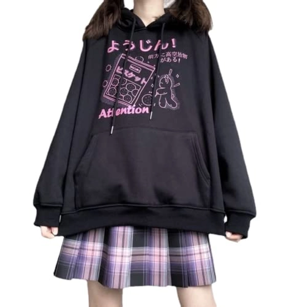 AHAKAC Kawaii Emo Gothic Hoodie Clothes Sweatshirt Y2k Anime Cute Oversized Japanese Letter Vintage Harajuku Goth Girl