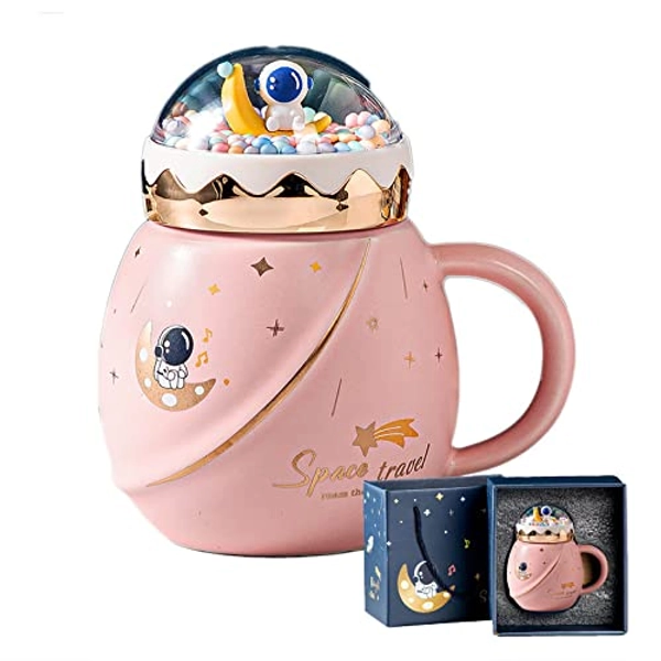 DRAMLOR Cute Astronaut Mug, 15oz Cute Mugs with Lids, Kawaii Coffee Mug Includes Kawaii Box and Spoon, Cute Ceramic Tea Cup for Children, Relatives, Friends(Pink)