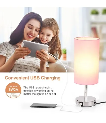 Yarra-Decor Bedside Lamp with USB Port - Touch Control Table Lamp for Bedroom 3 Way Dimmable Nightstand Lamp with Round Pink Fabric Shade for Living Room, Dorm, Home Office (LED Bulb Included) - - Amazon.com