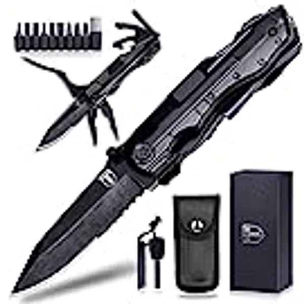 TRSCIND Pocket Knife Multitool, Unique Fathers Day Camping Hunting Fishing Birthday Gift Ideas for Men Dad Husband Him Boyfriend, Cool Stuff Gadgets (Distressed Black)