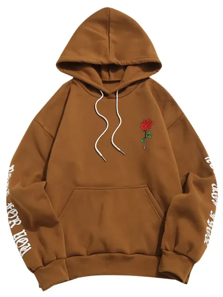 ZAFUL Men's Fleece Hoodie Unisex Rose Letter Print Hooded Pullover Kangaroo Pocket Sweatshirt