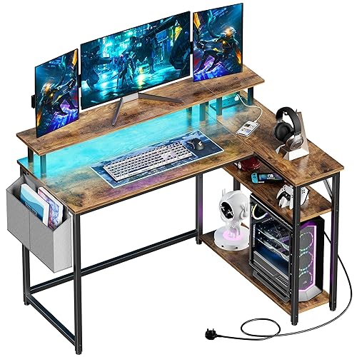 Yornoli L Shaped Desk with Led Lights＆Power Outlet 118CM Corner Gaming Desk for Small Spaces with Storage Shelves Corner Office Desk for Home Office Bedroom (Rustic Brown) - Rustic Brown