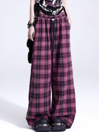 [$39.00]Sparkling Rhinestoned Red Plaid Wide-leg Pants