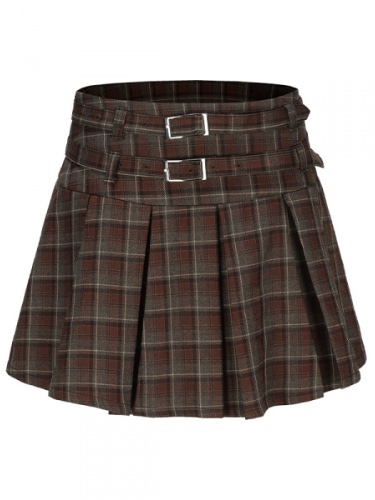 [$39.00]Brown Plaid Pattern Preppy Box Pleat Skirt