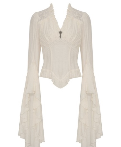 Dark in Love Ivory Steampunk Gothic Elegant Long Trumpet Sleeves Shirt for Women - DarkinCloset.com