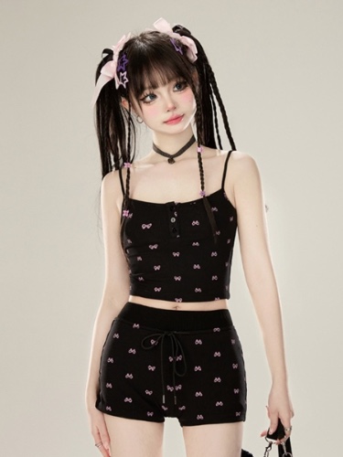 [$11.76]Bowknots Print Black Cami Top/Shorts