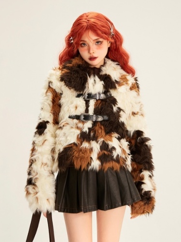 [$124.75]Buckle Straps Faux Fur Coat Short Version