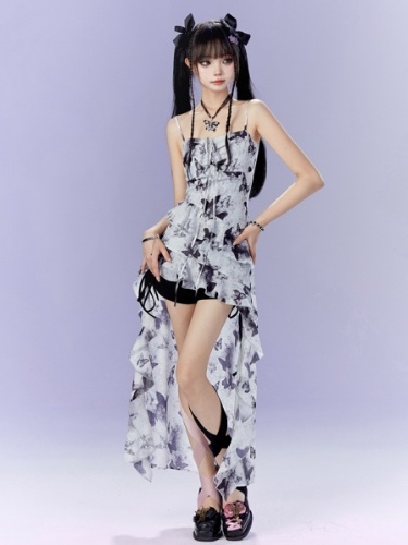 [$37.57]Black and Gray Butterflies Summer Holiday Dress High-low Skirt