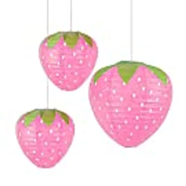 3Pcs Pink Strawberry Party Lantern Decorations Fruit Themed Party Decor Strawberry Birthday Baby Shower Decorations for Girl Hungry Caterpillar Party Supplies Hanging Ornaments