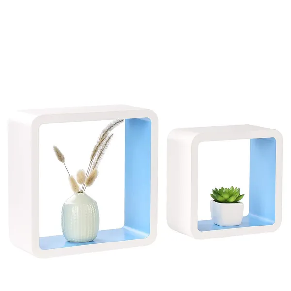 Homewell Set of 2 Cube Floating Shelves, Wood Wall Shelves for Home Decoration, Storage Display Rack, White+Blue.