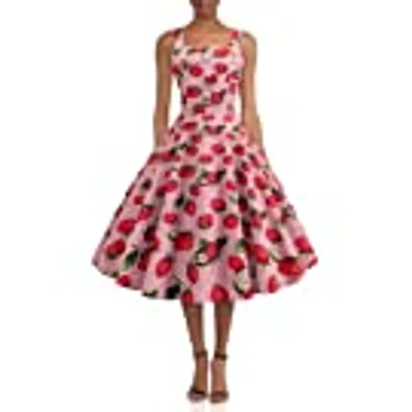 Lethez Women Cherries Strawberry Print Vintage Prom Dress Sleeveless 1950s Retro Evening Party Dress