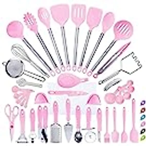 DESIGN VEICA,Kithcen Utensil set 42 Cooking Utensils Nylon and Stainless Steel Utensils Set Kitchen Tool Set,Baking Set Kitchen Set Spatula Set Kitchen Gadgets Kitchen Tools Kitchen Accessories Pink