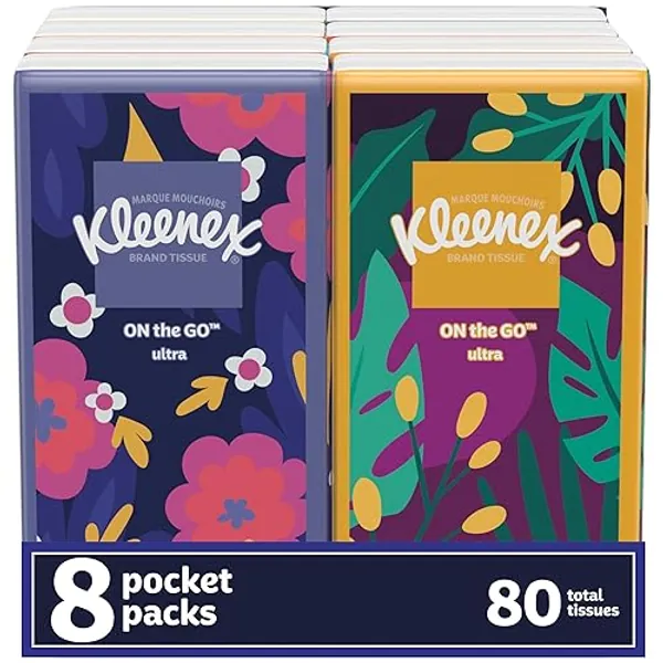 Kleenex On-The-Go Facial Tissues, 8 On-The-Go Packs, 10 Tissues per Box, 3-Ply (80 Total Tissues), Packaging May Vary - White - 80 Count (Pack of 1)