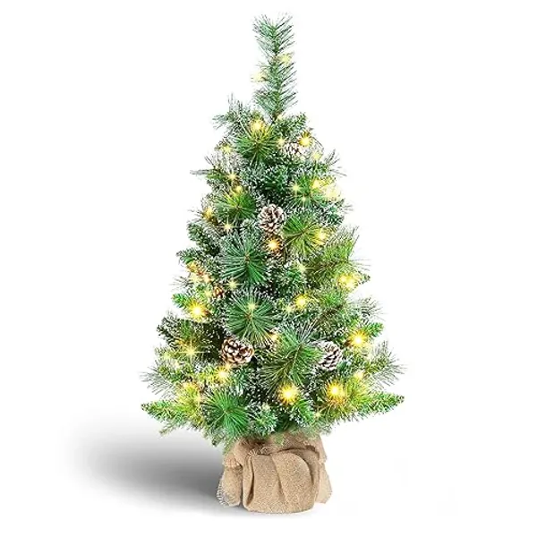 Joyhalo 3FT Christmas Tree Table Top, Small Pre Lit Christmas Tree, Artificial Xmas Tree with 135 Branches 50 Lights Battery Powered, Outdoor Christmas Tree for Apartment Office Holiday Party Decor - 135 Branch White