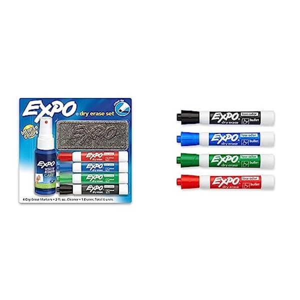 EXPO Low Odor Dry Erase Marker Starter Set, Chisel Tip, Assorted, Whiteboard Eraser, Cleaning Spray, 6 Count & Low Odor Dry Erase Markers, Bullet Tip, Assorted Colors, 4 Count