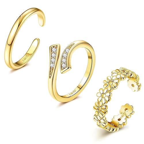 Jstyle 3PCS 14K Gold Filled Toe Rings for Women Adjustable Silver Gold Toe Ring Set Cute Opal CZ Daisy Flower Toe Rings Open Band Hawaiian Beach Summer Foot Jewelry for Women - Gold Plated