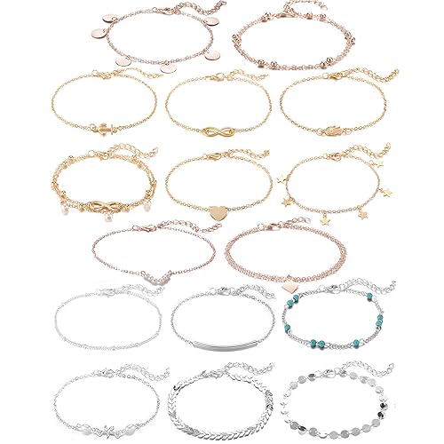 Softones 16Pcs Ankle Bracelets for Women Gold Silver Two Style Chain Beach Anklet Bracelet Jewelry Anklet Set,Adjustable Size - E:6-Gold 6-Silver 4-Rose Gold