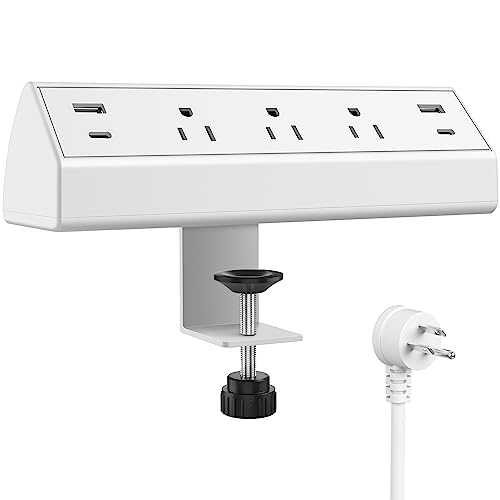 Jgstkcity Desk Clamp USB C,40W Fast Charging Station,2 PD 20W Charger,Desk Edge Mount Power Strip 4 USB Ports 3 Widely Spaced Outlets Surge Protector,6ft Flat Plug - 3 Outlets & 4 USB Ports - White