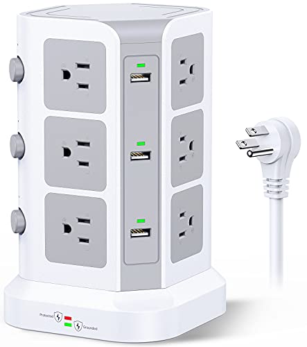Power Strip Tower by KOOSLA, [15A 1500J] Surge Protector - 12 AC Multiple Outlets & 6 USB Ports, Flat Plug 14 AWG Heavy-Duty Extension Cord 6.5ft, Home Office Supplies, Dorm Room Essentials White - 6.5 ft - White