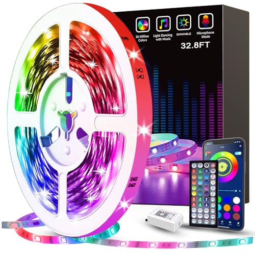 Tenmiro 32.8ft LED Strip Lights, RGB LED Smart Music Sync Color Changing LED Lights Strips with Remote LED Lights for Bedroom, Room, TV, Party - 32.8FT