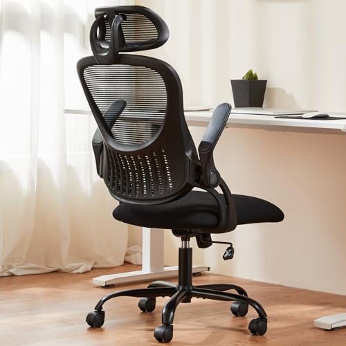 SMUG Office Computer Desk Chair, Ergonomic High-Back Mesh Rolling Work Task Chairs with Wheels and Adjustable Headrests, Comfortable Lumbar Support, Comfy Flip-up Arms for Home, Bedroom, Study, Black - Black - 26.7D x 26.7W x 53H in