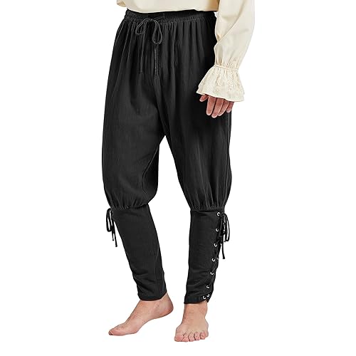 Century Star Renaissance Costume Men's Pirate Pants Medieval Ren Faire Viking Navigator Halloween Ankle Banded Trousers - Black - Medium