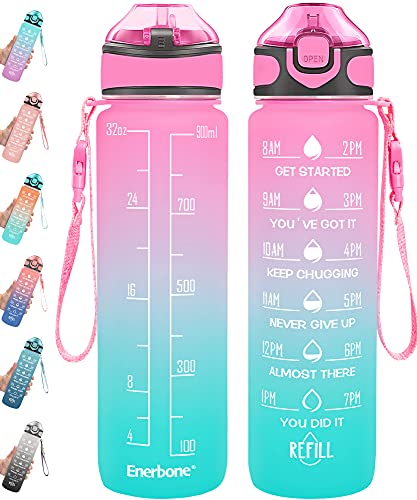 Enerbone 32 oz Drinking Water Bottle with Times to Drink and Straw, Motivational with Carrying Strap, Leakproof BPA & Toxic Free, Ensure You Drink Enough Water for Fitness Gym Outdoor - Pink-Green