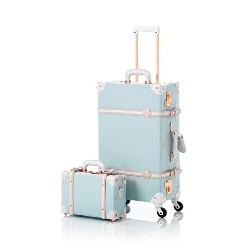 COTRUNKAGE Travel Luggage Sets 2 Pieces, Vintage 4 Wheel Suitcase with Mini Vanity Case, Sky Blue, TSA-Approved, Cabin-12Inch/Medium-24Inch - 13" & 24" - Sky Blue