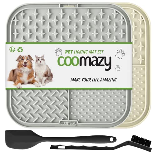Coomazy Licky Mats for Dogs 2 Pcs Dog Slow Feeding Lick Mats with Suction Cup Boredom and Anxiety Reducer Lick Mats for Dogs(with 1 Black Spatula + 1 Brush for Easier Cleaning) - Grey+Beige