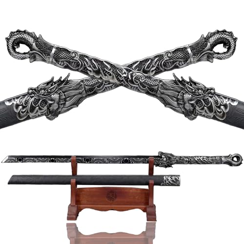 SJ SHI JIAN Carbon Steel Chinese Tang Dynasty Sword Straight Dragon Pattern Sheath Jian - black