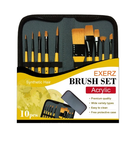 Exerz Acrylic Paint Brush Set 10 pcs Synthetic Hair Artist Professional Brushes in a Travel Case/ Perfect for Acrylic Watercolour Gouache & Face Paint - Acrylic