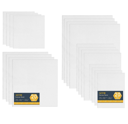 ARTME 20pcs Canvas Panels (15x20-4pk, 24x30-4pk, 30x40-4pk, 20x20-4pk, 30x30-4pk) 3mm Blank Artist Canvas Board / 280GSM/ 100% Cotton/Triple Primed/Acid Free/Medium Grain- Acrylic & Oil Painting