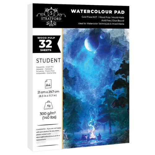 Stratford Beginner Watercolour Paper Pad A4 32 Sheets 300gsm Cold Pressed Student Grade Wood Pulp for Art and Mixed Media