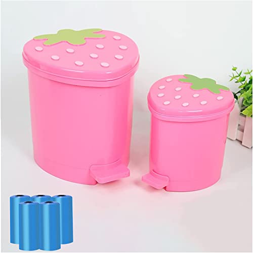 BxuxJar Strawberry Trash Can, Cute Pink Bedroom Trash Can Kawaii Strawberry Bathroom Decor, Plastic Bedroom Strawberry Garbage Can with Lid - Large Pink Mini Pink