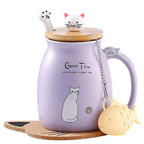 BigNoseDeer Cat Mug Cute Ceramic Coffee Cup with Lovely Kitty Lid, Cat Paw Spoon,kawaii coaster,Novelty Morning Cup Tea Milk Christmas Mug 380ML - Purple