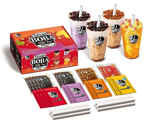 J WAY Instant Boba Bubble Pearl Variety Milk Tea Fruity Tea Kit with Authentic Brown Sugar Caramel Fruity Tapioca Boba, Ready in Under One Minute, Paper Straws Included - Gift Box - 10 Servings - Variety Pack No.1 - 10 Servings