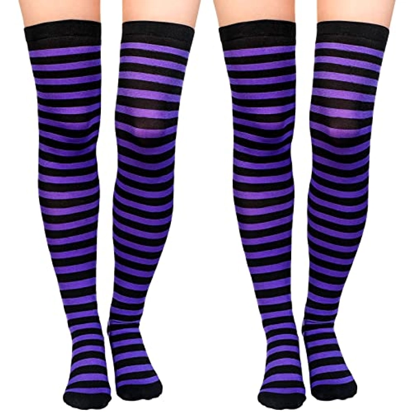 SATINIOR 2 Pairs Women Socks Over Knee Girl Long Opaque Striped Thigh High Socks - Purple and Black