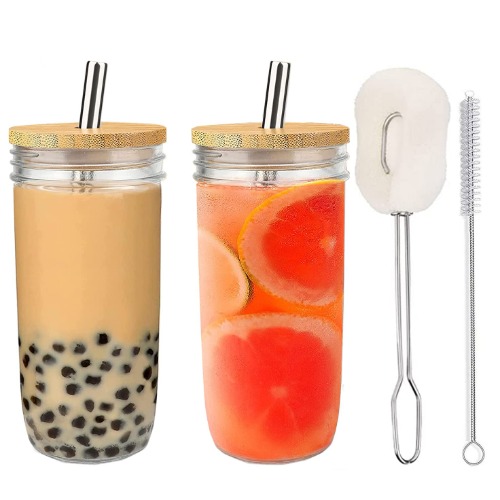 ALINK Bubble Tea Cups, 2 stuks glazen bekers, 750 ml, herbruikbare smoothie-bekers, boba-beker, reisfles, wijde hals, weckpot met afdekkingen en roestvrijstalen rietjes