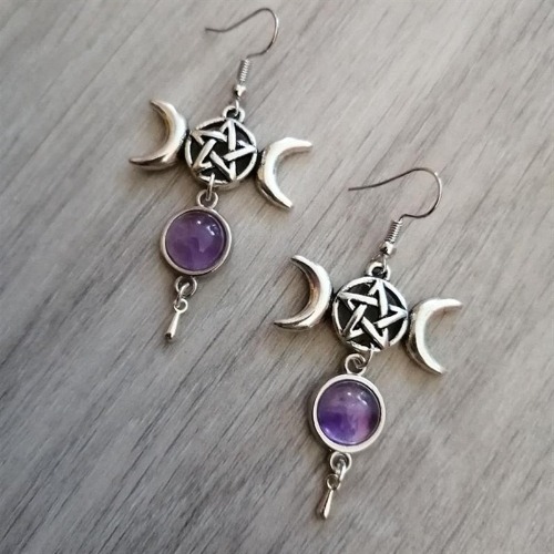 Pentagram Crescent Moon Stone Earrings
