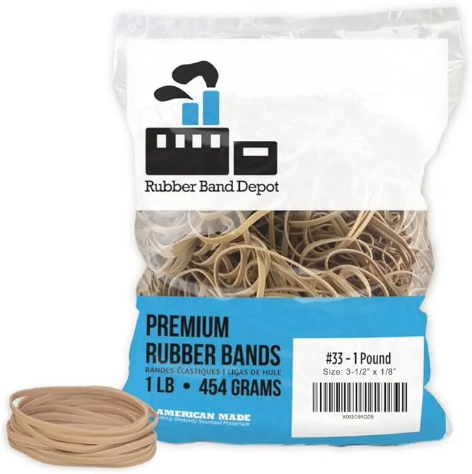 Rubber Bands, Rubber Band Depot, Size #33, Approximately 820 Rubber Bands Per Bag, Rubber Band Measurements: 3-1/2" x 1/8'' - 1 Pound - 1 Pound Bag